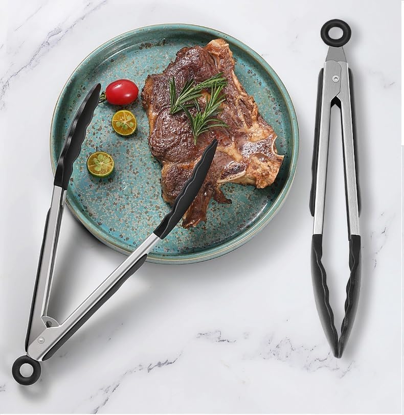 Miniatura 5 de Pinzas de cocina para cocinar, pinzas de silicona con bloqueo, pinzas de buffet, pinzas de acero inoxidable para servir, pinzas de 7, 9 y 12