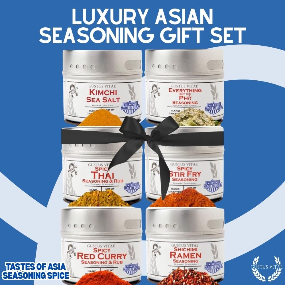 Asian Seasonings Gourmet Gift Set | Tastes of Asia | Artisanal Spice Blends Six Pack | Non GMO, All Natural | No MSG, Gluten, Soy, Nuts | Small Batch, Hand Made Seasonings | No Artificial Ingredients, Ultra Premium Spice Mixes | Made in USA | GLP-1 Friendly | Magnetic Tins | Gustus Vitae | All Occasion Gift