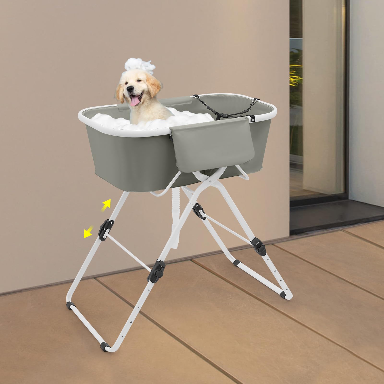 Hundebadewanne ErhöHtes Haustierbadewanne Klappbar 70-100cm HöHenverstellbar, 68Kg Belastbar BodenstäNder Faltbar für Auto GepäCkraum, Geeignet für Kleine Bis Mittlere Hunde Katzen, Weiß+Grau