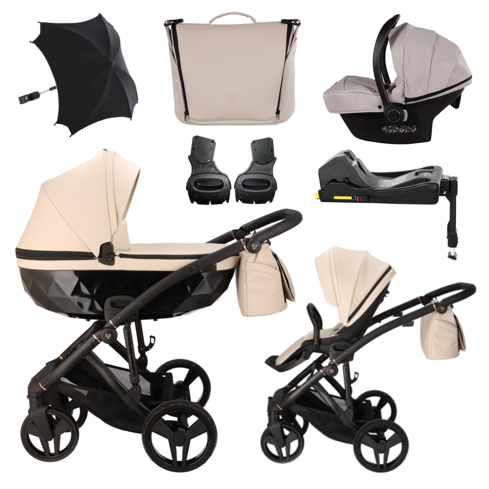 Junama Kinderwagen Diamond Classic 02 Beige - 2in1 3in1 4in1 + Sonnenschirm (4 in 1 mit ISOFIX Basis)