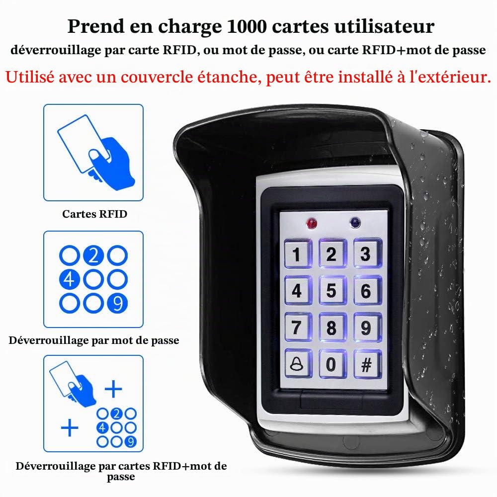 KUMU Système de Contrôle d'Accès de Porte RFID Étanche Extérieur Clavier en Métal + Serrure Magnétique 180KG + Couvercle Étanche à la Pluie + Bouton de Sortie + 15pcs Porte-clés pour la Maison/Bureau