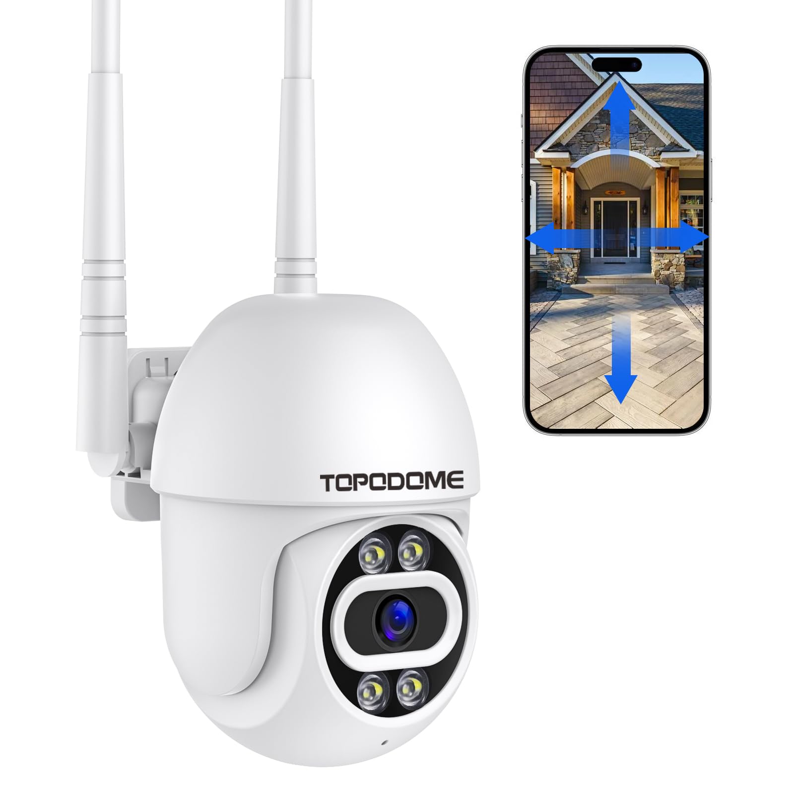 Topodome Telecamera Wi-Fi Esterno Con Allarme Umanoide, 1080P Videocamera Sorveglianza Interno WiFi, PTZ 360 Gradi Auto Tacking, Visione Notturna Infrarossa e Color 20m, Audio Bidirezionale IP66