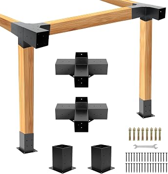 Heavy Duty Steel Pergola Brackets Kit 3-Way Right Angle Corner Bracket with Post Base and Screws for 4"x 4" Actual 3.5" X 3.5" Lumber,DIY Pergola Suitable for Gazebo,Patio, Log Cabin Outdoor