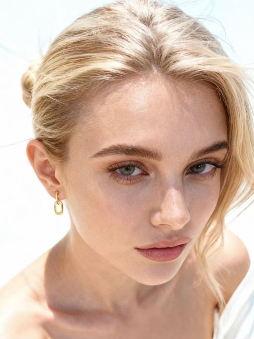 FAN&LOUIS 24K Gold Plated Clip On Earrings for Women, Gold Chain Link Drop Dangle Double Hoops Hypoallergenic Trendy Lightweight Clip-On Earrings for Non-Pierced Ears - Image 5