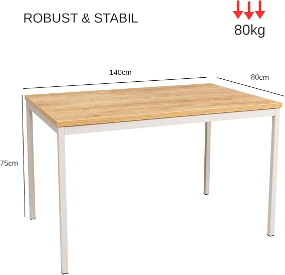 furni24 Schreibtisch-Stahl 140x80x75cm Eiche TÜV/GS-Einfache Montage Arbeitstisch Bürotisch Küchentisch Esstisch Druckertisch Büro-Möbel Arbeitszimmer Computertisch Gaming-Tisch Mehrzwecktisch