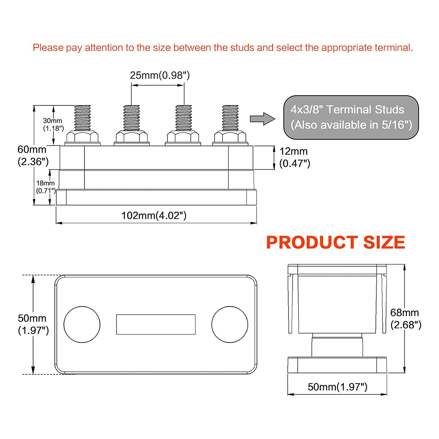 600A Bus Bar 4-Stud (3/8 Pouces) M10 High Current Copper Busbar Terminal Block Marine DC 12V 24V 48V avec Cover(Noir)