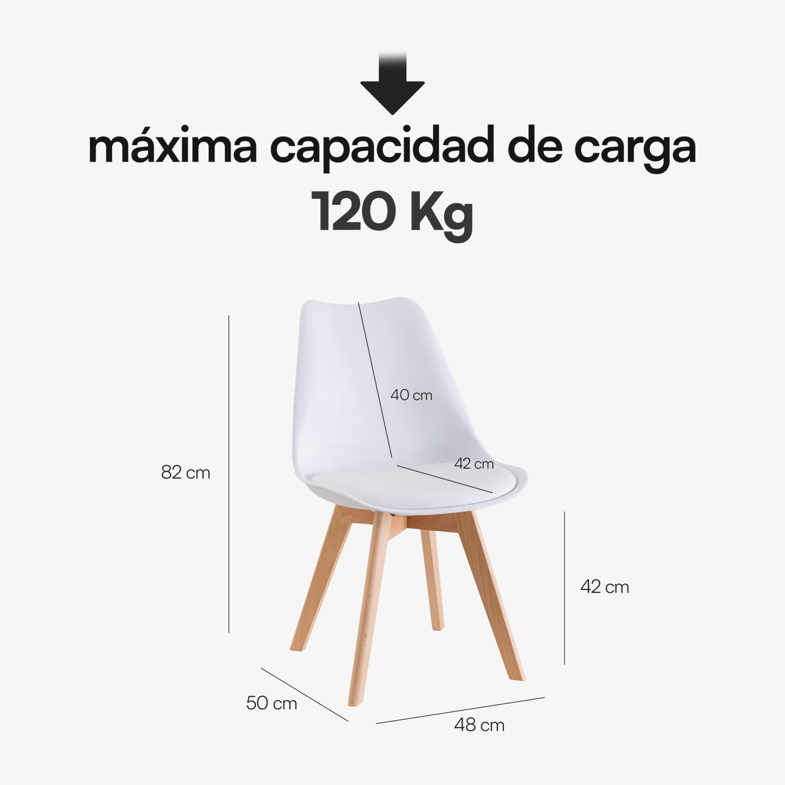 Baroni Home Silla de Comedor o de Trabajo con Patas de Madera, Silla Ergonómica con Cojín Integrado, 50X48X82 cm (Blanco, 4)