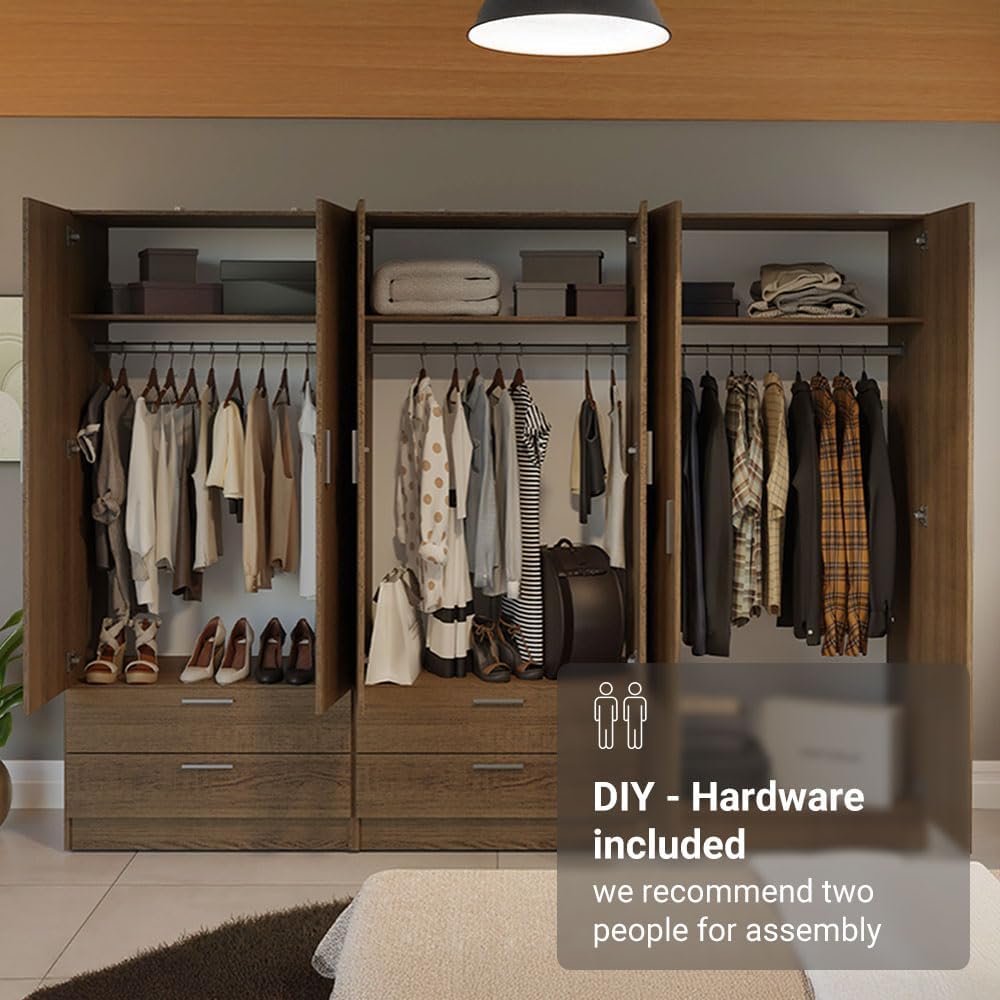 Madesa 6 Doors 4 Drawers Wardrobe Set Armoire Closet Bedroom Storage Cabinet with Shelves and Hanging Space 94" L Wooden Clothing Organizer Unit - Rustic