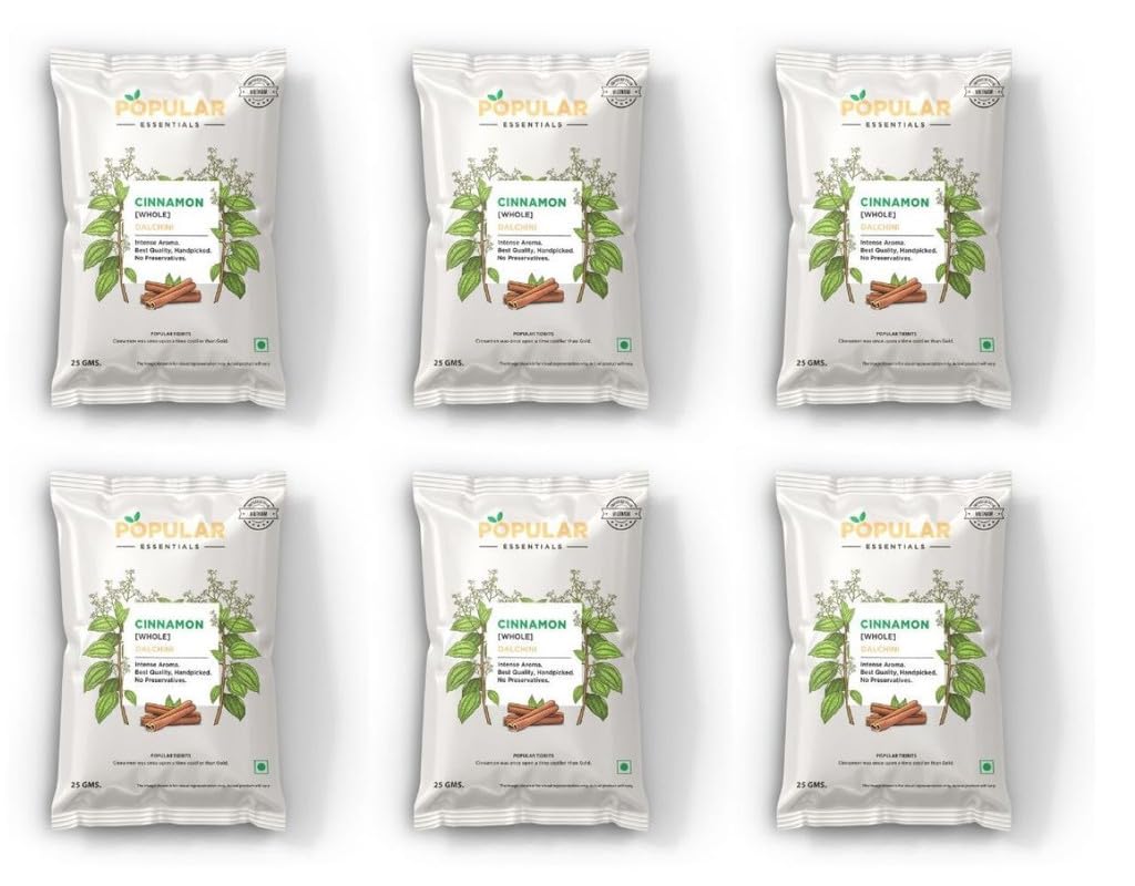 Popular Essentials Cinnamon Whole, 150g(Pack of 6 x 25g)- Dalchini Stick, Whole Spices for Tea, Cassia Whole