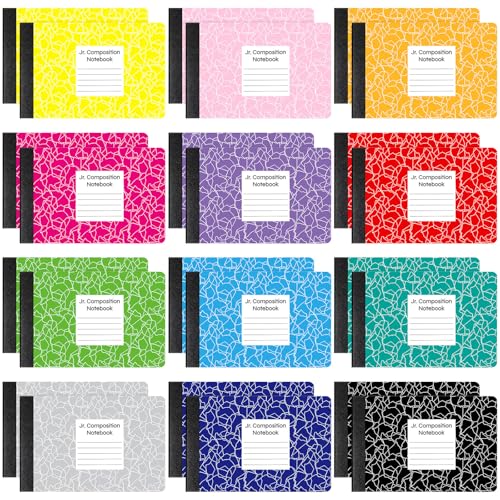 Resurhang 24 Pcs Jr. Composition Notebooks Colored Marble Half Size 4-7/8 x 7-1/2 Inches Composition Notebook 80 Sheets Marble Notebooks Wide Ruled Assorted Primary Covers Notebook Bulk (Colorful)