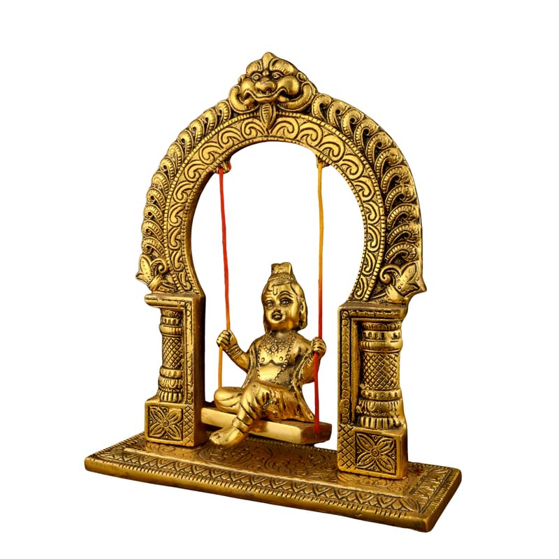 Image of White Metal Krishna on Swing Jhula 7.9 - Golden | Oxidized Bal Gopal for Temple & Home Home | Durable Material | Ideal for Home Decor | Perfect for Gifting
