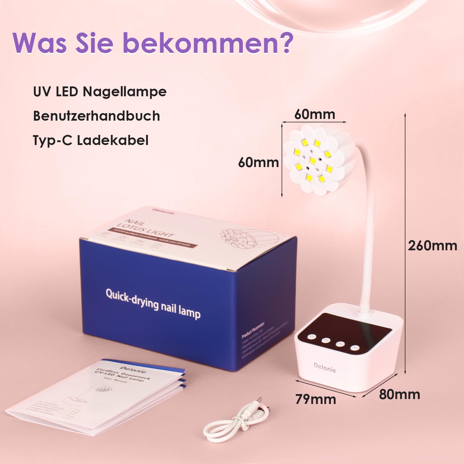 Delanie Mini UV Lampe für Nägel Schnelltrocknung mit Auto Sensor & Anzeige, Wiederaufladbare Nagel UV Lampe Schwanenhals 360° einstellbar mit 4 Timer-Modus, tragbare UV Nagellampe für Gelnägel