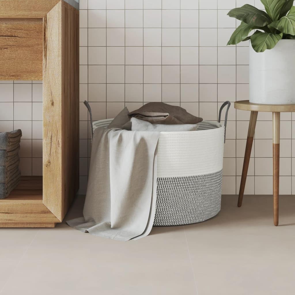 Rantry Aufbewahrungskorb Grau und Weiß Ø51 x 33 cm aus Baumwolle, Aufbewahrungskörbe, Badezimmer-Aufbewahrungskorb, Aufbewahrungskorb zum Aufhängen, Organizer zum Aufhängen