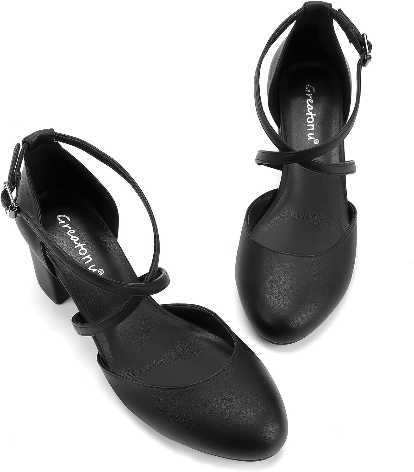 Greatonu Women's Low Block Heeled Dress Pumps Closed Round Toe Cross Strap Wedding Bridal Party Office Shoes 2.5 Inch - Image 4