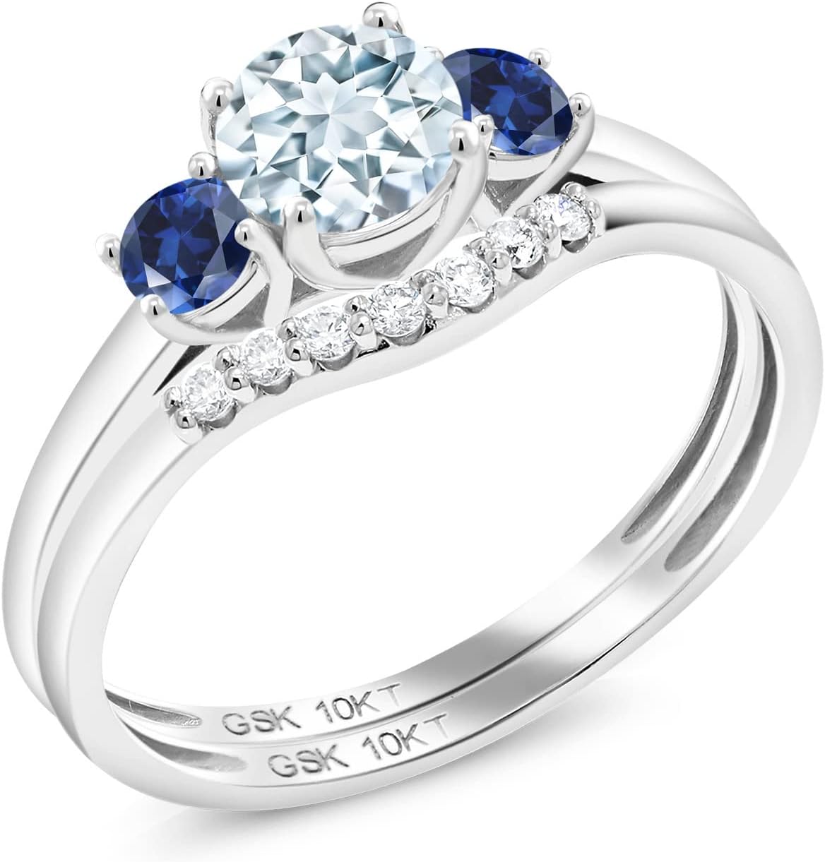 Gem Stone King 10K White Gold Aquamarine and Blue Created Sapphire and Lab Grown Diamond 3-Stone Bridal Engagement Wedding Ring Set For Women | 0.73 Cttw | Round 5MM | Size 5, 6, 7, 8, 9