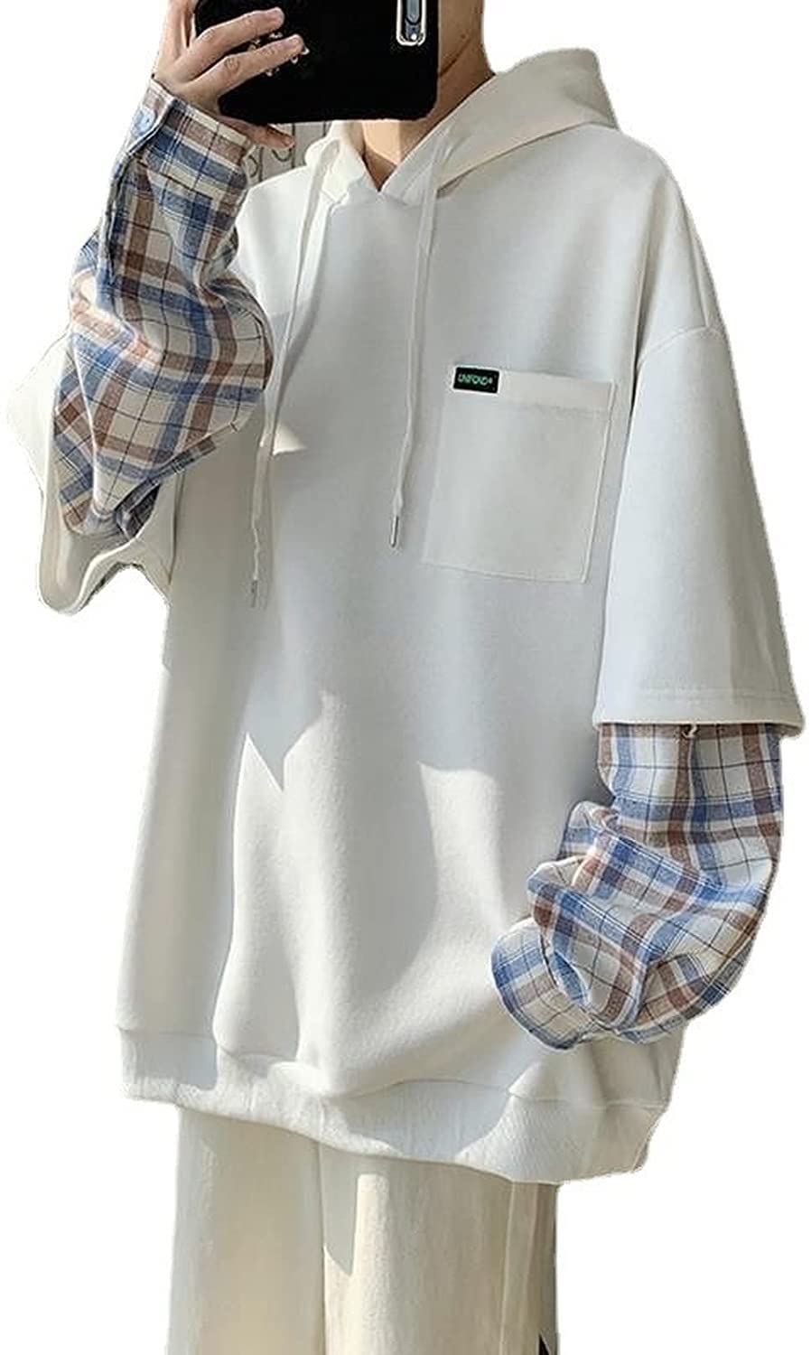 Man Plaid Preppy Hoodie, Harajuku Fake Two Hip Hop Aesthetic Oversized  Patchwork Streetwear Sweatshirt Pocket Winter Fall anime merch (Color :  White, Size : XXL) : Amazon.co.uk: Fashion