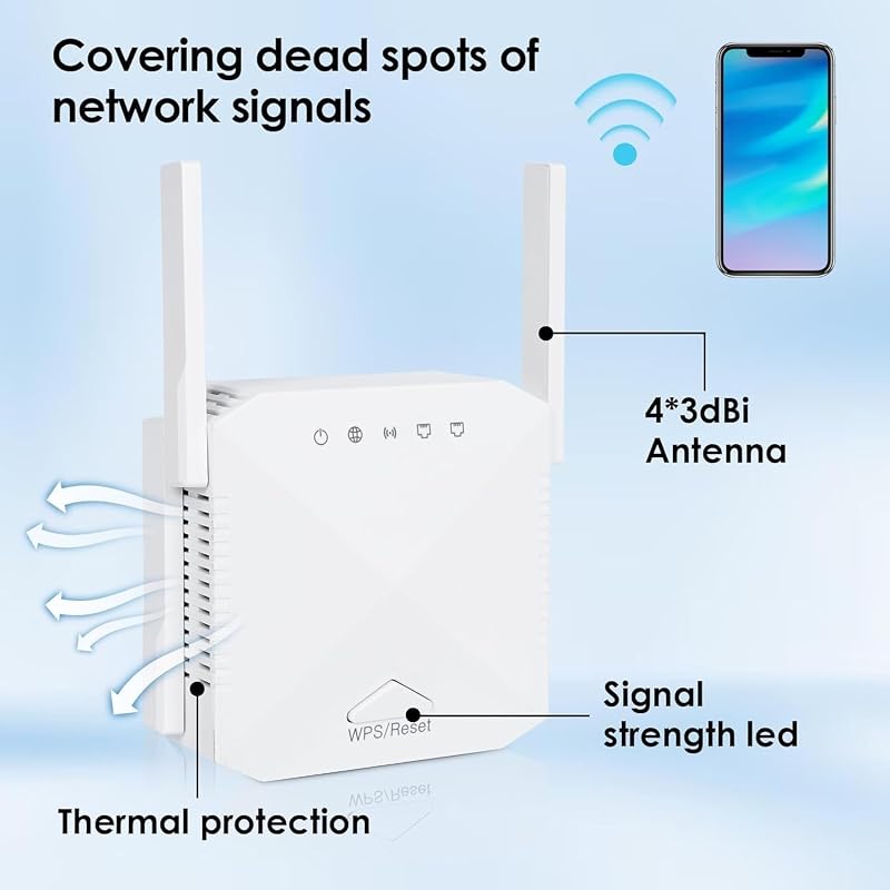 zoeyzoey WiFi Jelerősítő 1200 Mbit/s, Dual Band 5GHz & 2.4GHz, 4 Antennás Hálózati Repeater WPS Funkcióval, LAN/WAN Porttal, Minden WLAN Esz