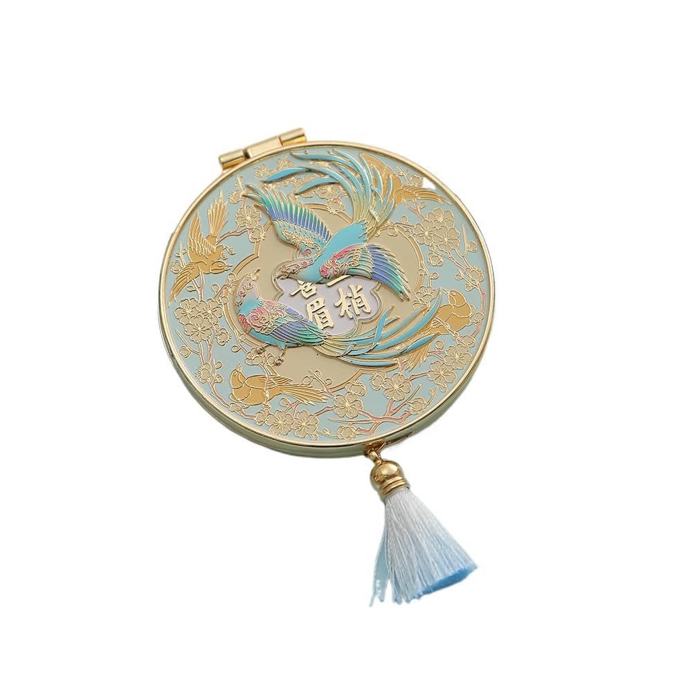 Vintage Flower Mini Mirror, Folding Round Makeup Mirrors, for Travel Outdoor(Blue)