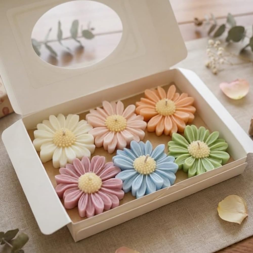 Wish Candels Scented Daisy Candle Set of 6 – Handcrafted Floral Soy Wax Candles, Aromatherapy, Decorative Design, Eco-Friendly, Ideal for Home Decor, Weddings, or Gifts, Magical Shades.-image-19