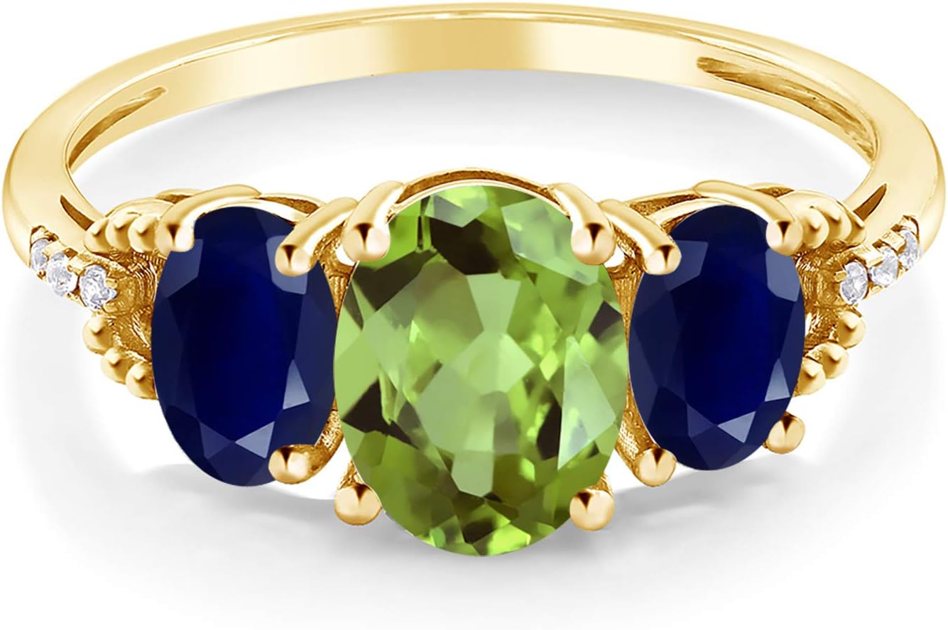 Gem Stone King 10K Yellow Gold Green Peridot Blue Sapphire and Diamond Accent Engagement Ring | 2.56 Cttw | Oval 8X6MM and 6X4MM | 3 Stone Wedding Anniversary Promise Ring For Women - Image 2
