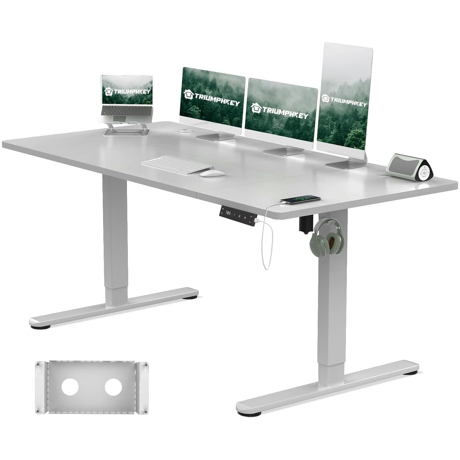 TRIUMPHKEY Höhenverstellbarer Schreibtisch 160x80cm mit Typ-C Ladeanschluss, Schreibtisch Höhenverstellbarer mit Kabel Management Tray, Standing Desk mit 3 Memory Funktion, Grau