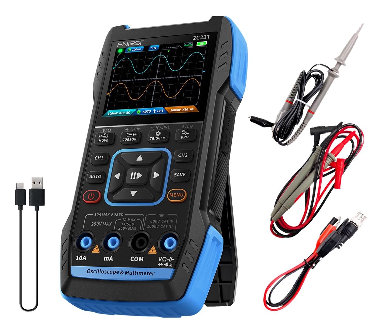 3 in 1 Handheld Oscilloscope, Multimeter, DDS Signal Generator, 2 Channels, 10MHz Bandwidth, 50MSa/s Sampling Rate, 9999 Count, Volt Meter, Current Capacitance Resistance Diode Test (2C23T)