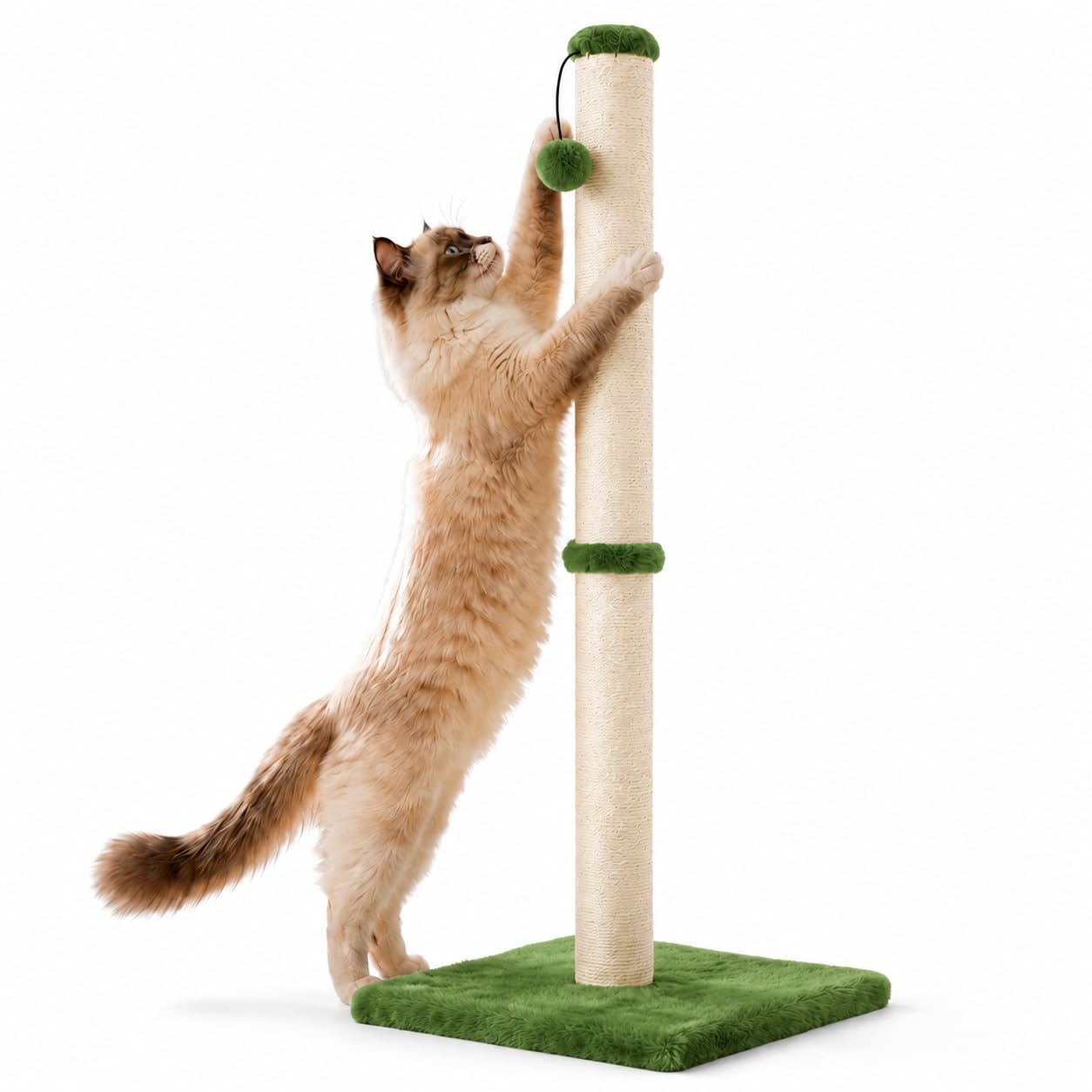 Dimaka Tall Cat Scratching Post, Claw Scratcher with Sisal Rope and Covered with Soft Smooth Plush, Vertical Scratch [Full Strectch] for Standard Size Cats (Green, 34 inches for Large Cats)