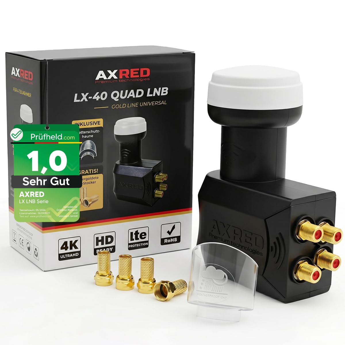 [Prueba muy bien, nota 1,0*] Protector contra la intemperie AXRED Quad LNB conector 4X F, LMB digital 4K HD 4 vías para 4 participantes con protección contra la intemperie, para TV Satélite, LNC