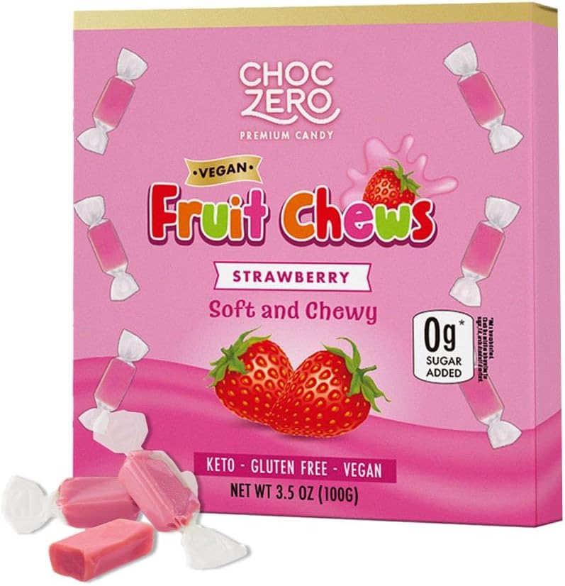ChocZero Sugar Free Strawberry Fruit Chews, Keto, Vegan, All Natural, Soft and Chewy Low Carb Candy, 3.5 Ounce Box (Pack of 1)