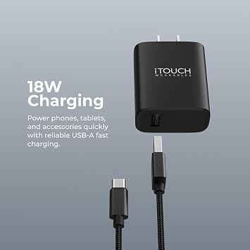 iTOUCH USB-A Fast Charger Set 18W USB-A Wall Charger + 6ft Braided USB-A to USB-C Cable, Durable Nylon, Quick Charging, Multiple Colors (Black/White/Navy/Blush/Purple), for Phones & Tablets (White)