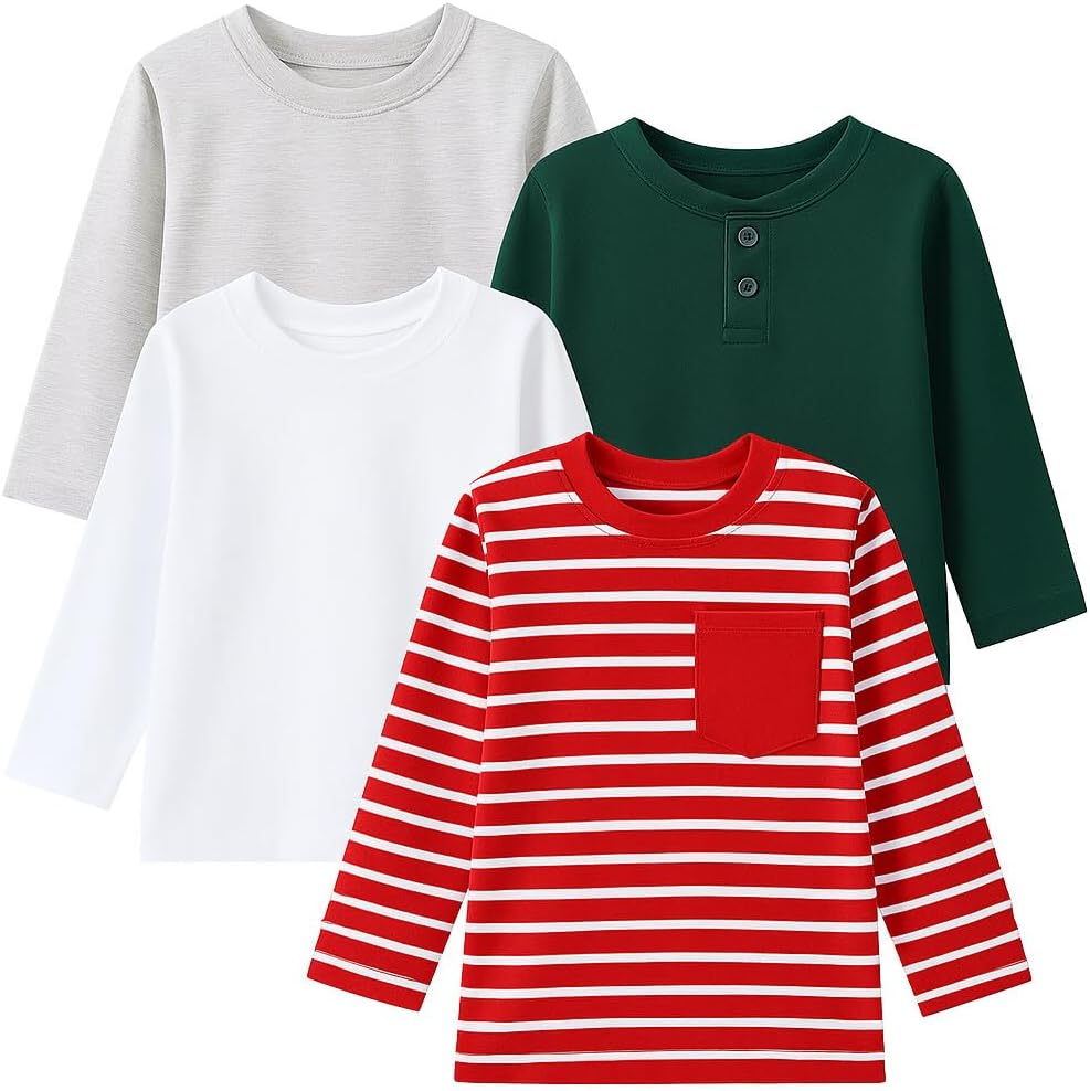 HILEELANG Kids Long Sleeve T-Shirt 4 Pack (18M–7Y) Soft Cotton Crewneck Tops for Boys & Girls Everyday Wear