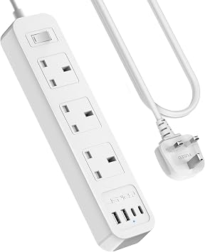 JSVER Extension Lead USB,7 IN 1 Power Socket with 3 Way and 4 USB Fast Charging Station2 Type C and 2 USB-A Power Strip 3250W 13A with 2M Power Cord for Home and Office-White