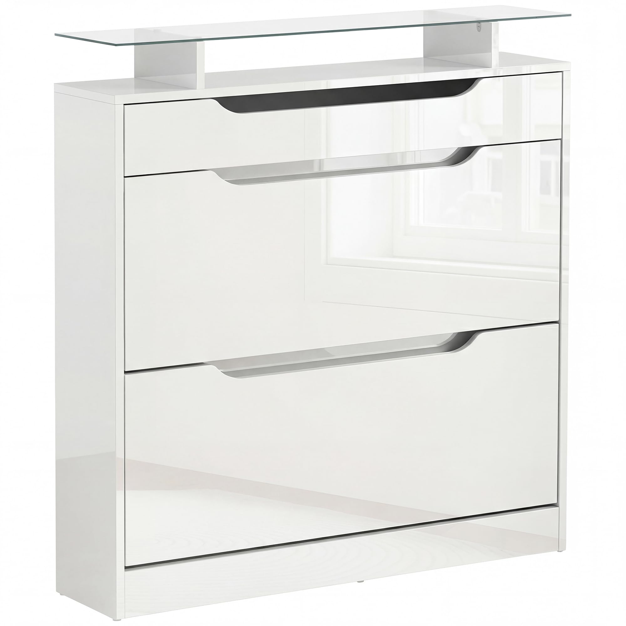 Homcom White Shoe Cabinet With Glass Top And 3 Drawers
