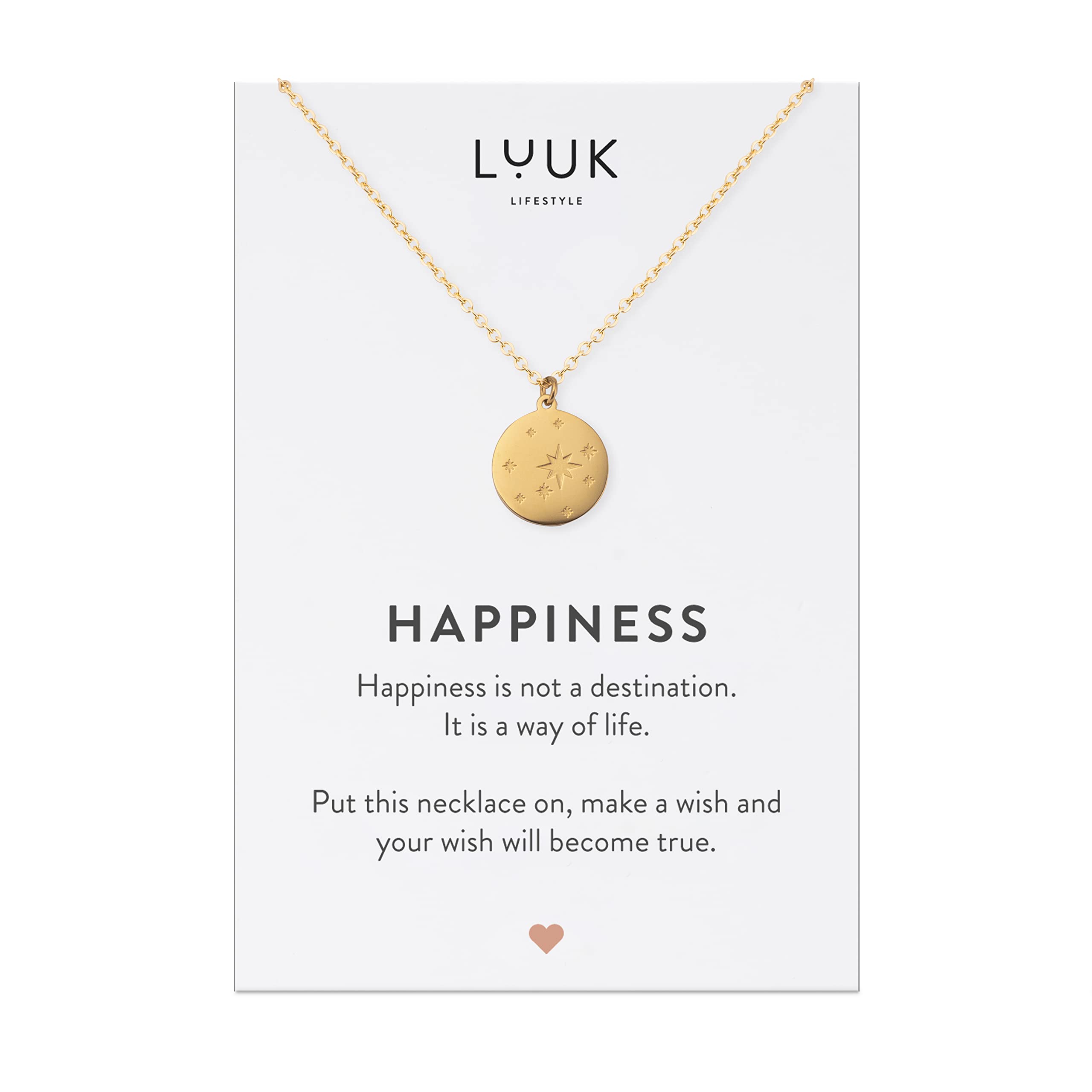 LUUK LIFESTYLE Collane con diverso Ciondolo (50 cm) in Acciaio Inossidabile e cartolina HAPPINESS, Regali per Lei, Donna, Ragazza, Moglie, Mamma, Amica, Gioielli, Argento, Oro e Oro rosa