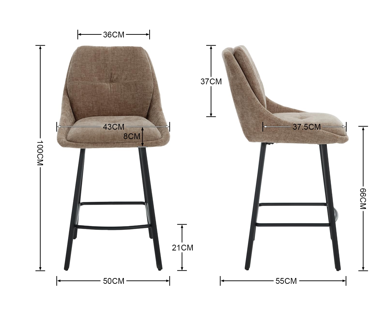chairus 2 PZ Sgabelli da Bar in Tessuto Sgabelli Cucina Moderni, Cachi | Sgabelli Alti con Schienale Sgabelli Imbottita con Gambe in Metallo Sedie Alte per Bar/Sala da Pranzo/Penisola