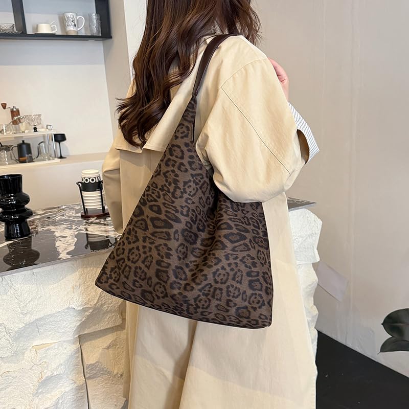 Faux Suede Trendy Shoulder Bag Commute Tote Handbag with Purse (Leopard Khaki)4