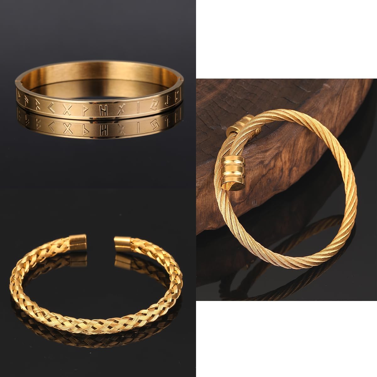 3PCS Stainless Steel Bracelets for Men Viking Runes Words. Twisted Cable Bracelet Adjustable Cuff Bracelet Mens Luxury Jewelry Bracelets Gifts - Image 3
