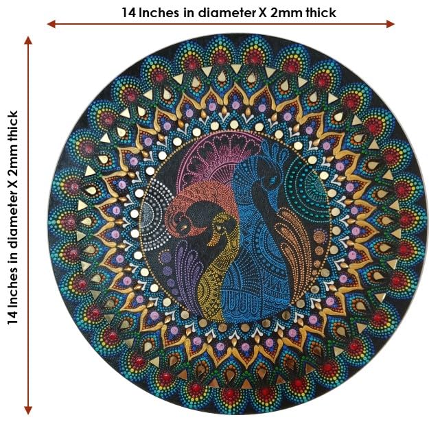 Image of Round wall hanging Painting 3 peacock mandala 14X14inches-center focus