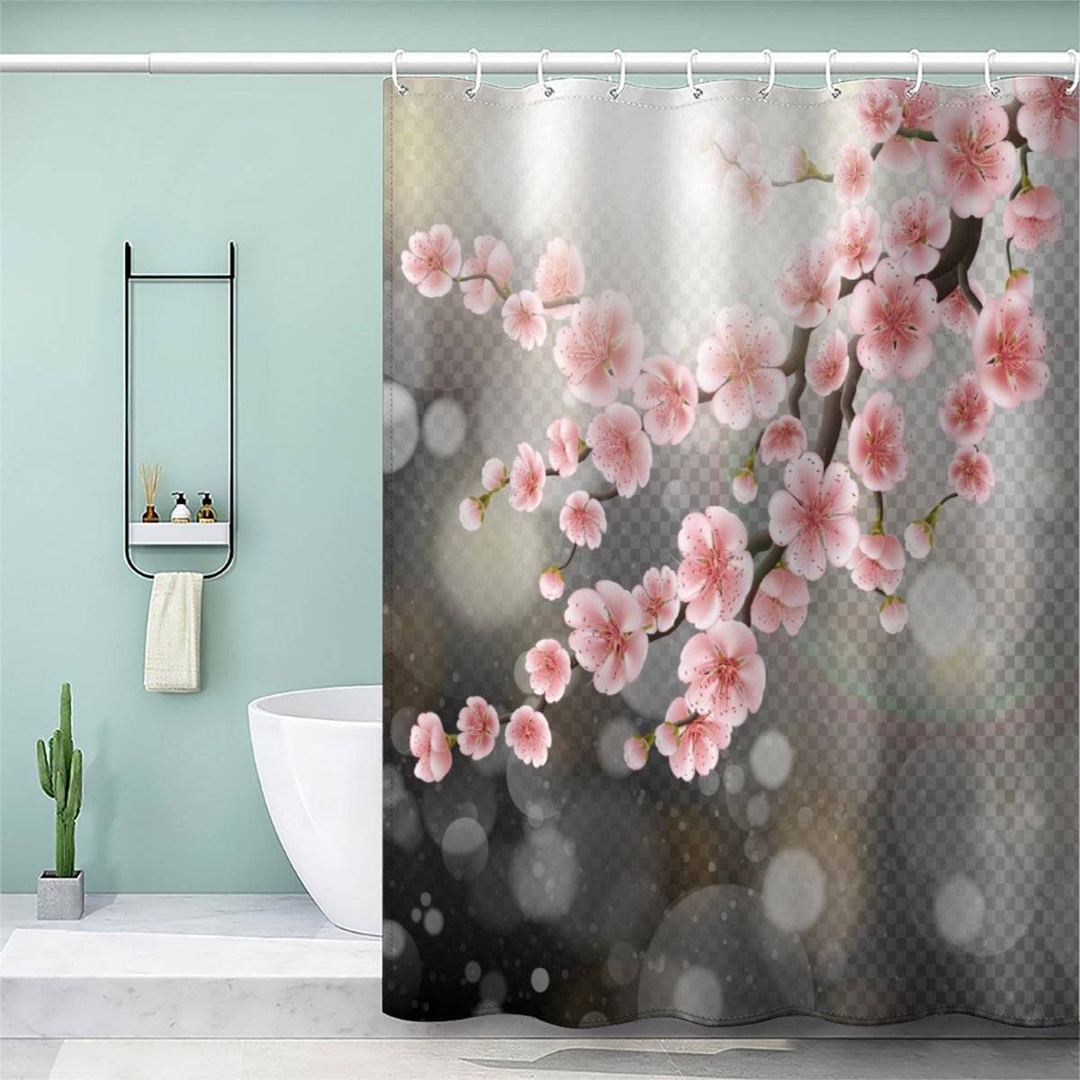 VASENA 3d Shower Curtain Flower Pink Japanese Cherry Blossom Bathroom Curtain Anti Mould Waterproof Personalized Funky Shower Curtain with Weighted Hem with Hooks 200x200 cm