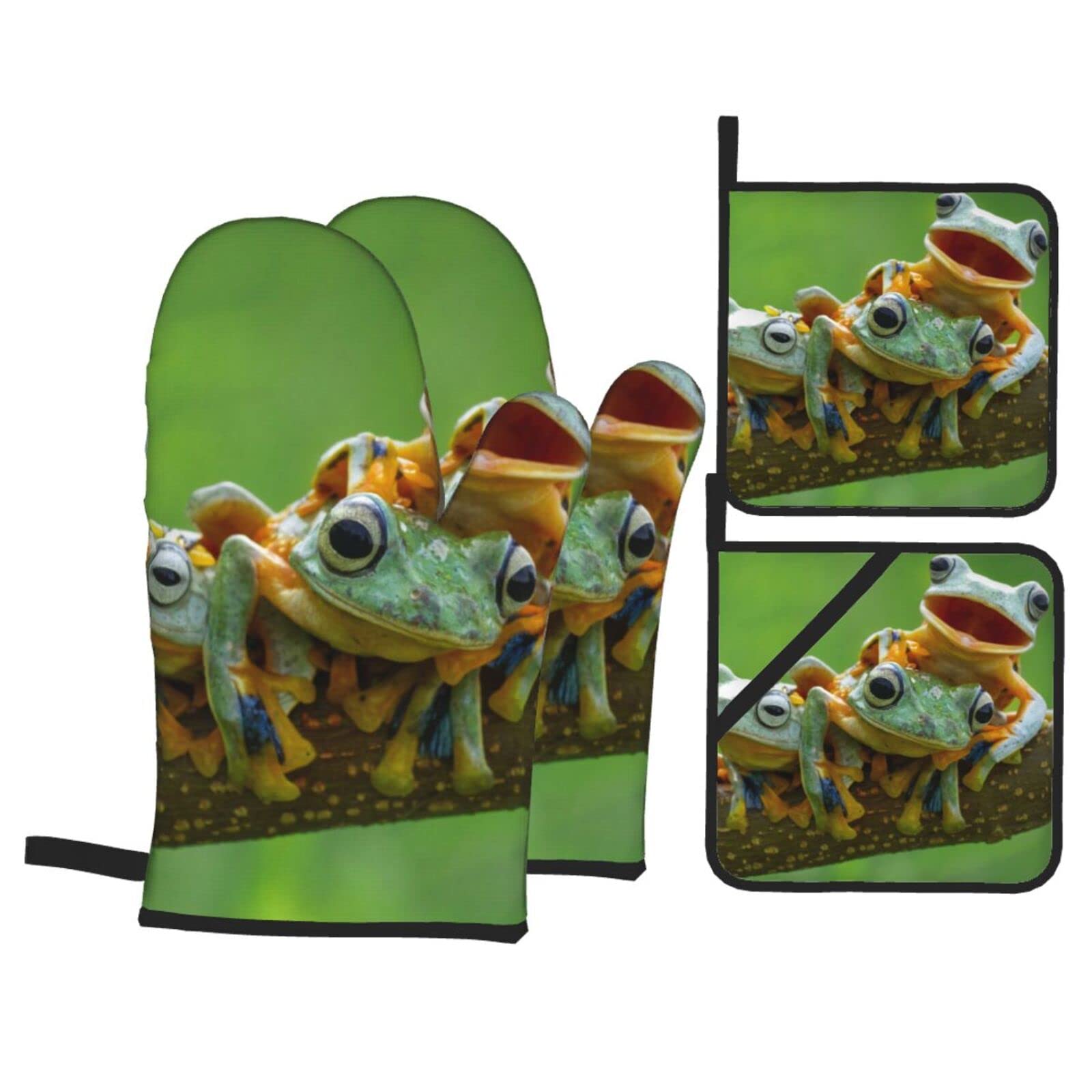 Cute Frogs Print Kitchen Baking Four Piece Set of Heat Resistant Thick Cotton Oven Mitts for Cooking, Baking and Grilling