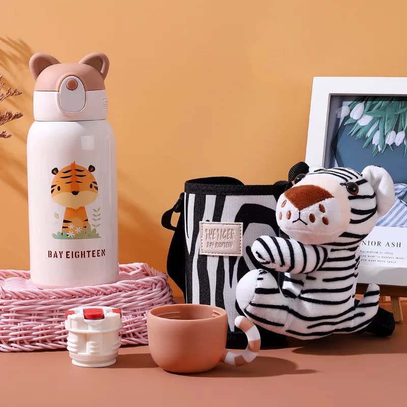 Animal Print Sipper Water Bottle with Animal Cartoon Plush Cover - 530ml with Double Wall with Straw and Cup (The Tiger)