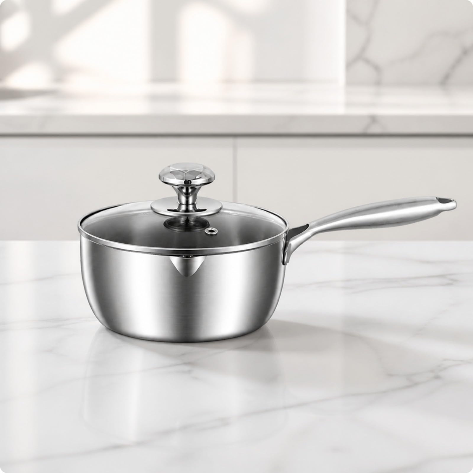 Stieltopf aus Rostfreiem mit Glasdeckel Und Dampföffnung Kochgeschirr mit Eingebautem Ausguss für Kräftige Soßen Kleine für Eintöpfe Und, 16 Cm