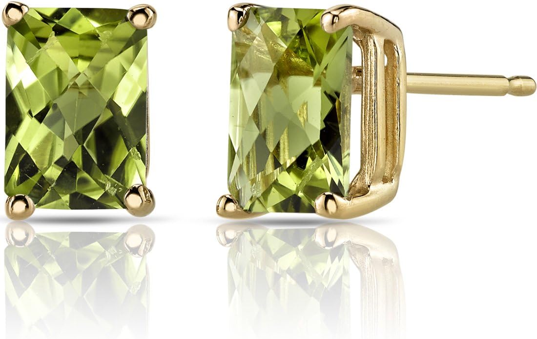 Peora Solid 14K Yellow Gold Peridot Earrings for Women, Genuine Gemstone Birthstone Solitaire Studs, 7x5mm Radiant Cut, 2 Carats total, Friction Back