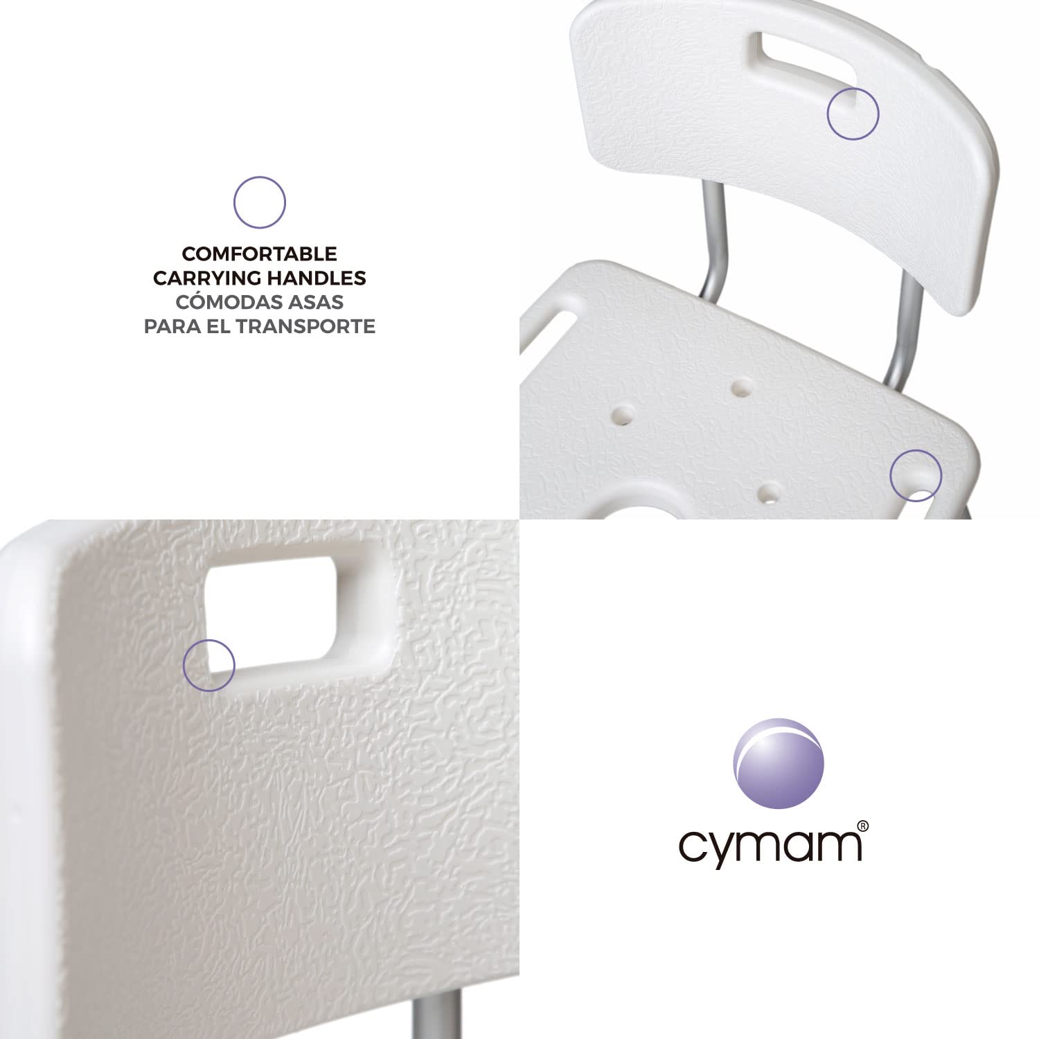 Silla de Baño con Respaldo, Asiento en U y Altura Regulable | Antideslizante, desagües integrados, ajuste en 8 niveles, montaje sin herramientas, para personas mayores