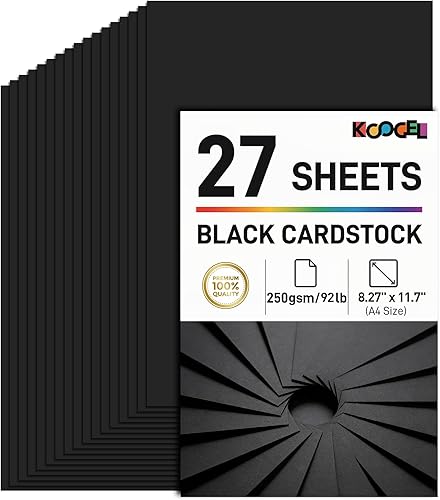 Koogel 27 hojas de papel de cartulina negra de 8.27 x 11.7 pulgadas, tamaño A4, cartulina pesada de 92 libras/8.82 oz/m² para hacer tarjetas,