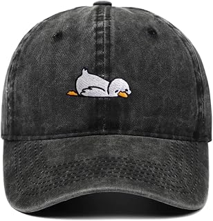 Vintage Baseball Cap with Sleepy Duckling Embroidery - 100% Cotton Adjustable Baseball Cap for Women and Men, Washed Black