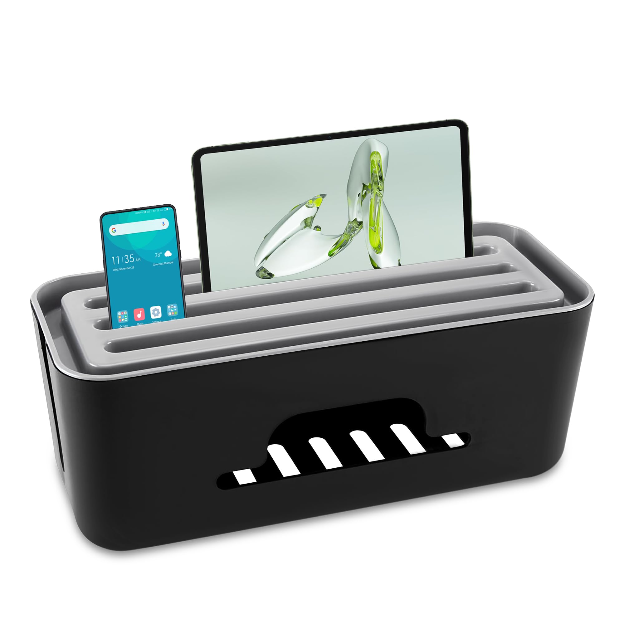 GLUN Caja de gestión de cables con soporte móvil – Regleta de alimentación y organizador de cables, caja de protección contra sobretensiones para cables, cables y enchufes – Uso en escritorio y