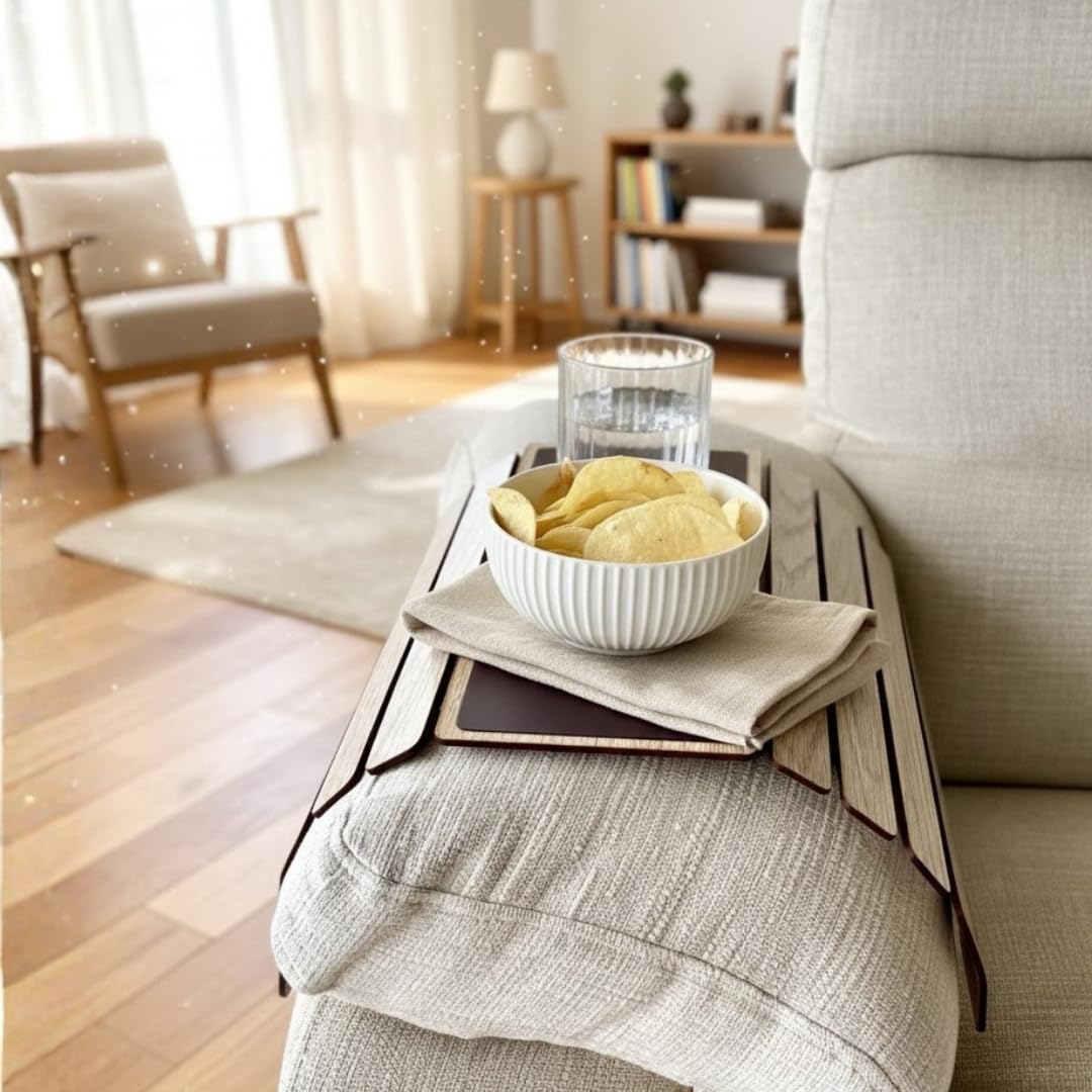 MASON HOME Elm Sofa Rectangular Armrest Tray - Cream Full Grain Bamboo Wood with Anti Slip Pad | Dining Tray | Home & Office Décor | Furniture | Serving Platter for Drinks - Appetizer - Snack Bowls