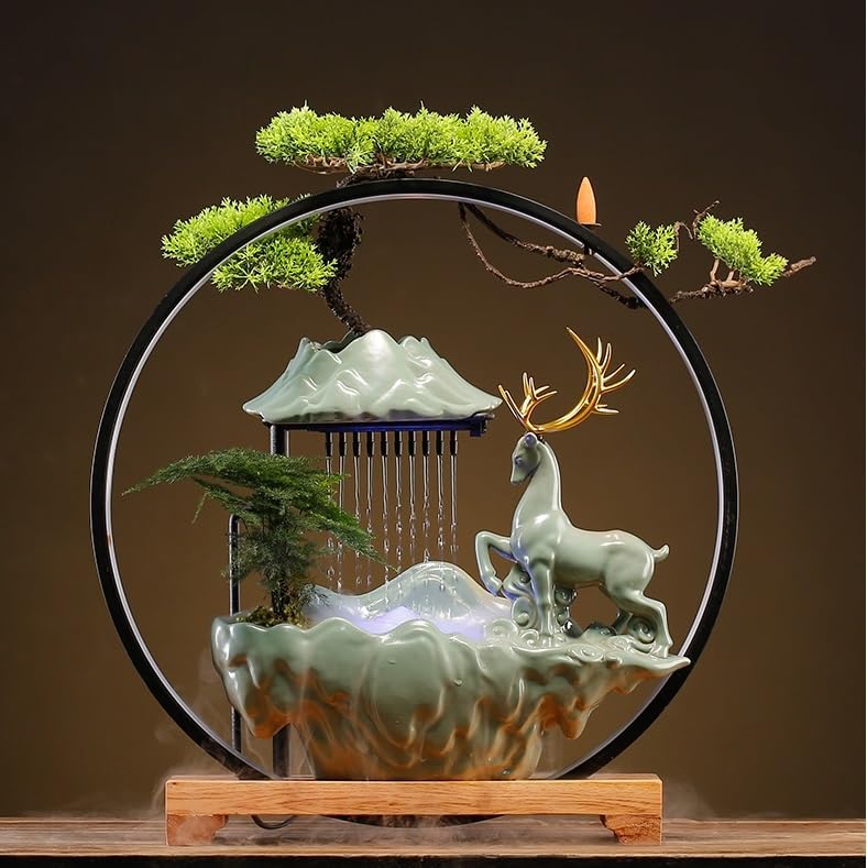 Fuente Decorativa de jardín, Fuente de Agua con Cascada, de cerámica, con iluminación LED, Quemador de Incienso, Feng Shui Zen, decoración para salón, Dormitorio, Oficina