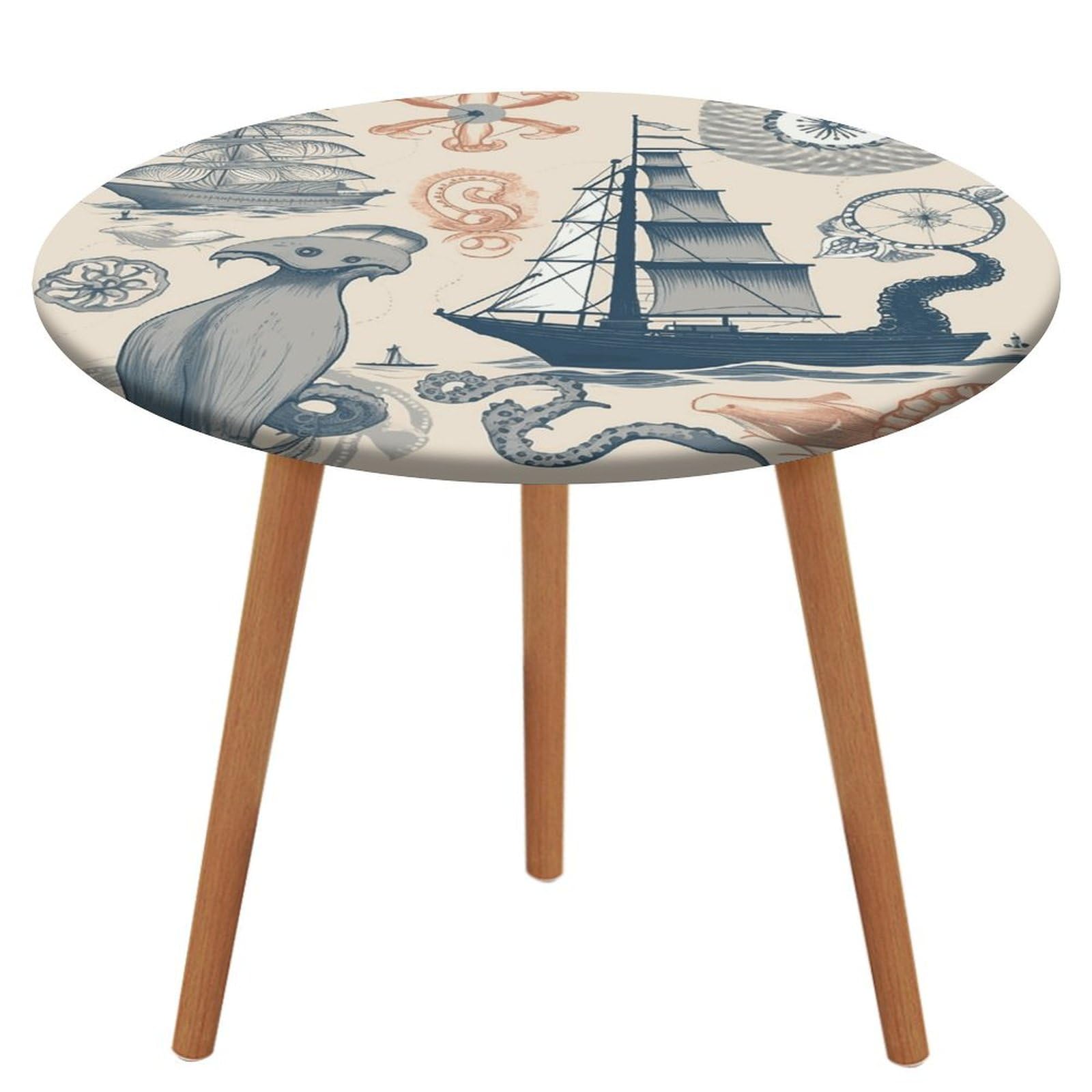Nappe de table de pique-nique ronde imperméable au motif de voilier et pieuvre